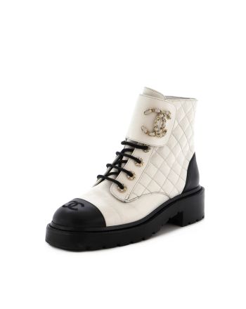 Women's Chain CC Cap Toe Lace Up Combat Boots Quilted Leather