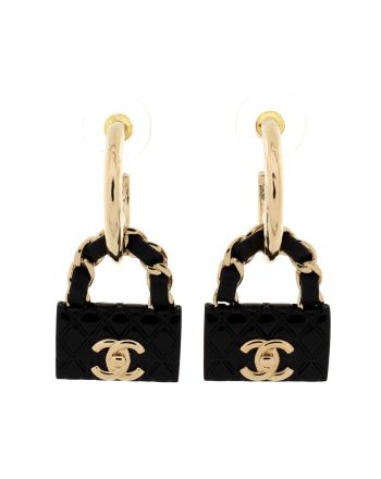 Turnlock Flap Bag Dangle Hoop Earrings Resin with Metal and Leather