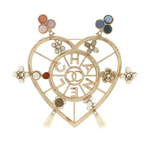 CC Logo Ship Wheel Heart Brooch Metal with Crystals, Faux Pearls and Resin