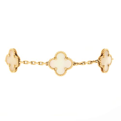 Vintage Alhambra 5 Motifs Bracelet 18K Yellow Gold and Mother of Pearl