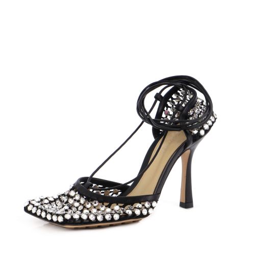 Women's Sparkle Stretch Heeled Sandals Crystal Embellished Mesh and Leather