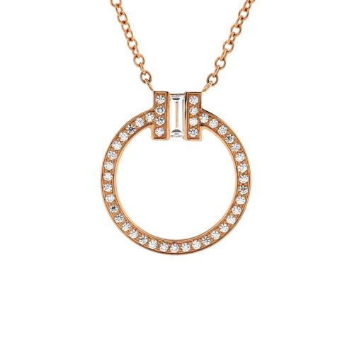 T Circle Pendant Necklace 18K Rose Gold with Diamonds and Center Baguette Diamond Small