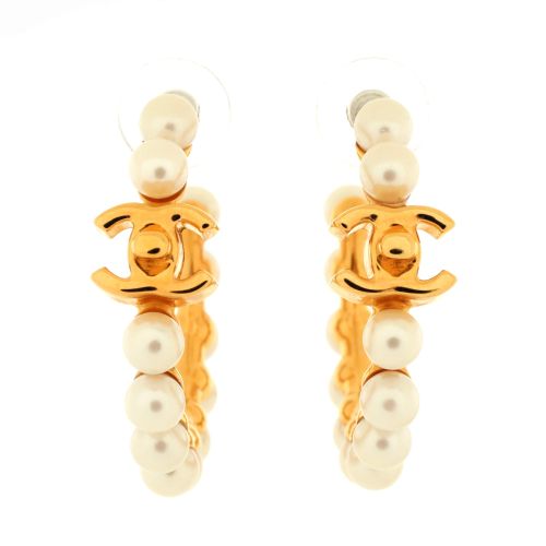 CC Turnlock Hoop Earrings Metal with Faux Pearls