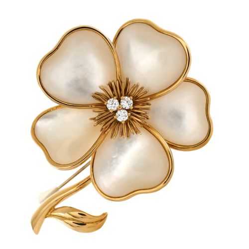 Clematite Brooch 18K Yellow Gold with Diamonds and Mother of Pearl