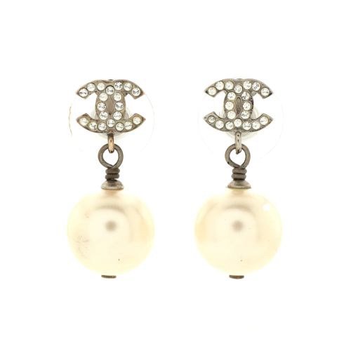 CC Drop Earrings Metal with Crystals and Faux Pearls