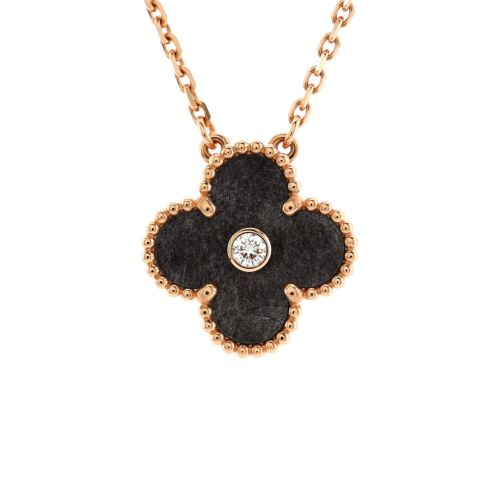 Vintage Alhambra Pendant Necklace 18K Rose Gold and Silver Obsidian with Diamond