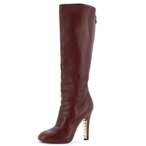 Women's Pearl Embellished Knee High Heeled Boots Leather