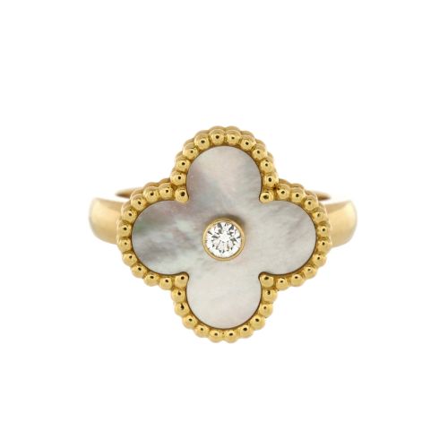 Vintage Alhambra Ring 18K Yellow Gold with Mother of Pearl and Diamond