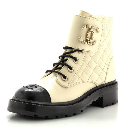 Women's Chain CC Cap Toe Lace Up Combat Boots Quilted Shiny Calfskin